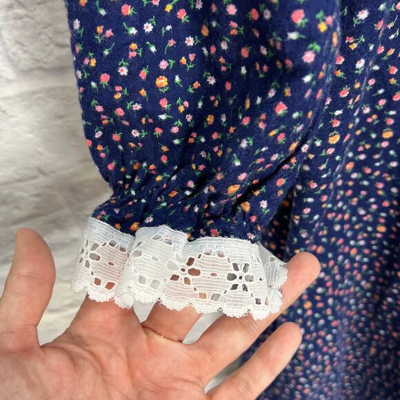 Vintage Texsheen Blue Floral Nightgown Prairie Ruffle Size M Maxi Long Sleeve - Picture 5 of 7